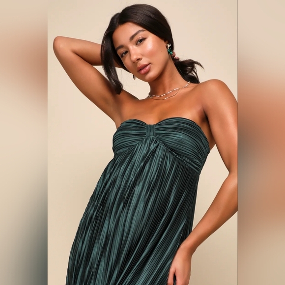 Lulus Whimsical Beauty Emerald Green Satin Plisse Strapless Maxi Dress XXL Party - Picture 3 of 8
